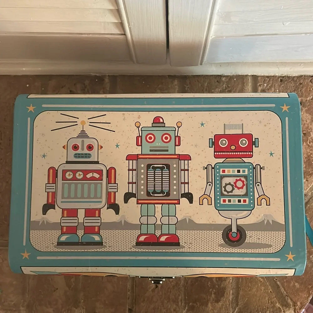 Tri-Coastal Kids Jessica Flick robot flat top dome trunk Cardboard.